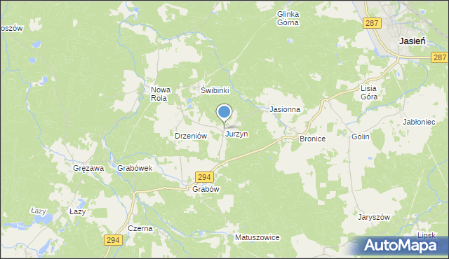 mapa Jurzyn, Jurzyn gmina Jasień na mapie Targeo