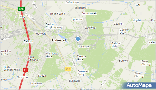 mapa Justynów, Justynów gmina Andrespol na mapie Targeo