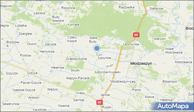 mapa Justynów, Justynów gmina Młodzieszyn na mapie Targeo