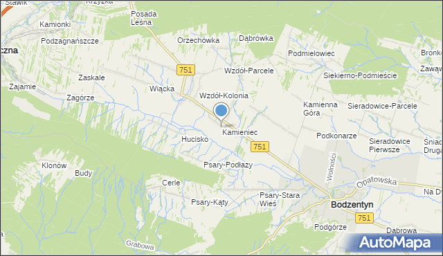 mapa Kamieniec, Kamieniec gmina Bodzentyn na mapie Targeo