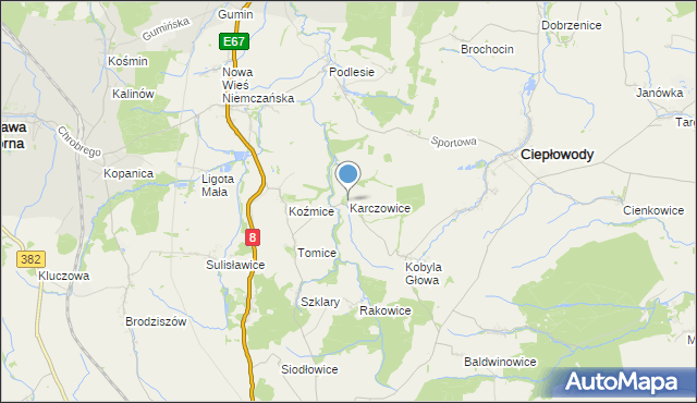 mapa Karczowice, Karczowice gmina Ciepłowody na mapie Targeo