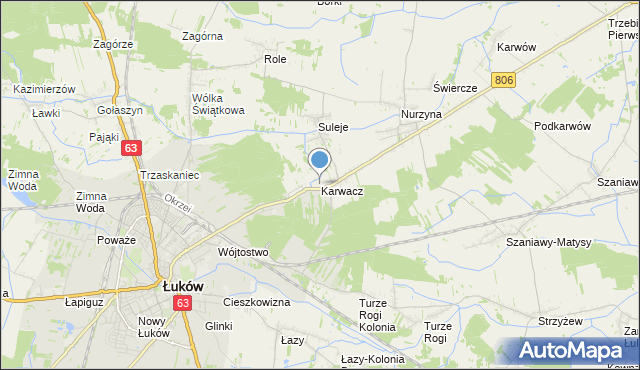 mapa Karwacz, Karwacz gmina Łuków na mapie Targeo
