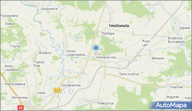 mapa Klementynów, Klementynów gmina Niedźwiada na mapie Targeo