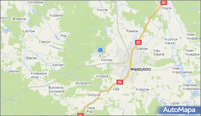 mapa Klonów, Klonów gmina Międzybórz na mapie Targeo