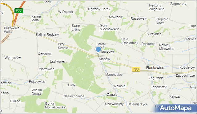 mapa Klonów, Klonów gmina Racławice na mapie Targeo