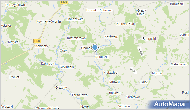 mapa Kokoszki, Kokoszki gmina Wizna na mapie Targeo