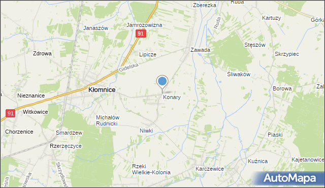 mapa Konary, Konary gmina Kłomnice na mapie Targeo