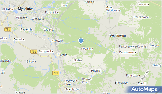 mapa Kopaniny, Kopaniny gmina Włodowice na mapie Targeo