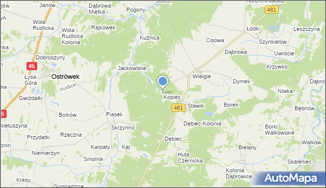 mapa Kopiec, Kopiec gmina Ostrówek na mapie Targeo