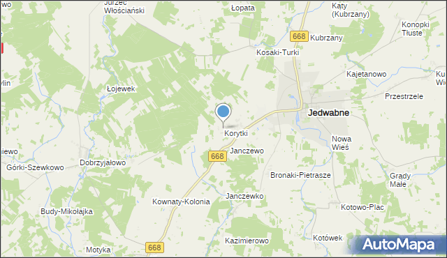 mapa Korytki, Korytki gmina Jedwabne na mapie Targeo