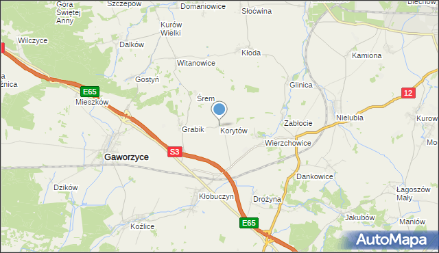 mapa Korytów, Korytów gmina Gaworzyce na mapie Targeo