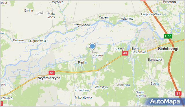 mapa Korzeń, Korzeń gmina Wyśmierzyce na mapie Targeo