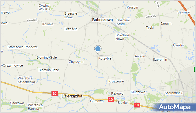 mapa Korzybie, Korzybie gmina Baboszewo na mapie Targeo