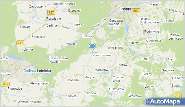 mapa Kościuszków, Kościuszków gmina Pionki na mapie Targeo