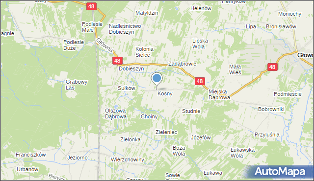 mapa Kosny, Kosny na mapie Targeo