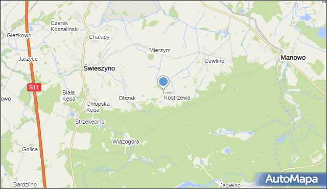 mapa Kostrzewa, Kostrzewa gmina Manowo na mapie Targeo