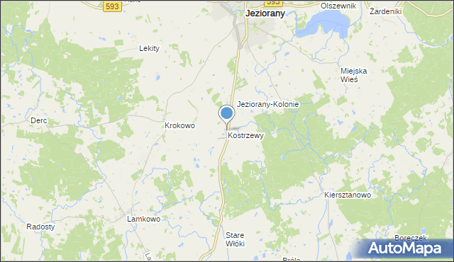mapa Kostrzewy, Kostrzewy gmina Jeziorany na mapie Targeo