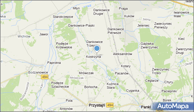mapa Kostrzyna, Kostrzyna gmina Panki na mapie Targeo