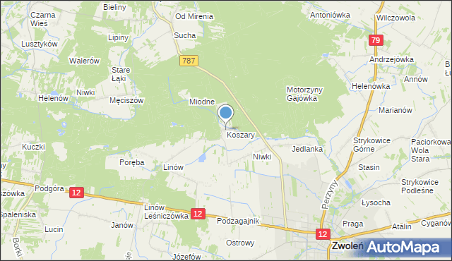 mapa Koszary, Koszary gmina Zwoleń na mapie Targeo