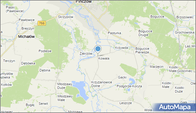 mapa Kowala, Kowala gmina Pińczów na mapie Targeo