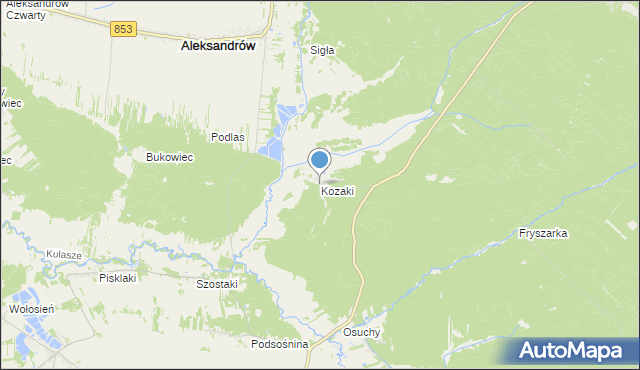 mapa Kozaki, Kozaki gmina Łukowa na mapie Targeo