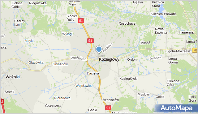 mapa Koziegłowy, Koziegłowy powiat myszkowski na mapie Targeo