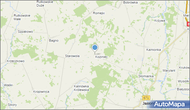 mapa Koziniec, Koziniec gmina Jasionówka na mapie Targeo