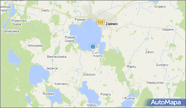 mapa Koziny, Koziny gmina Zalewo na mapie Targeo