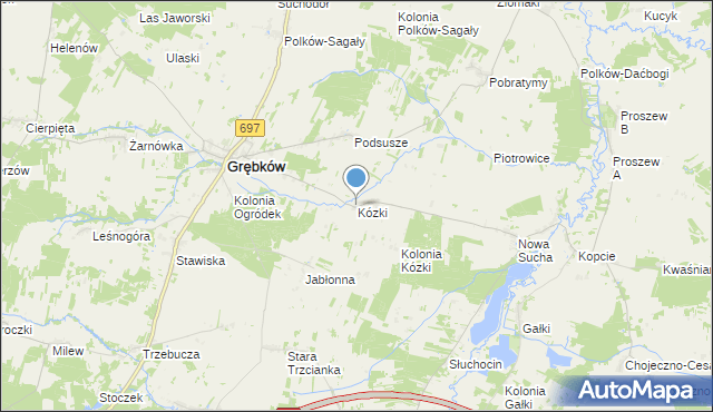 mapa Kózki, Kózki gmina Grębków na mapie Targeo