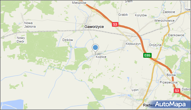 mapa Koźlice, Koźlice gmina Gaworzyce na mapie Targeo