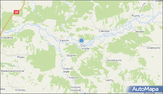 mapa Koźliki, Koźliki gmina Narew na mapie Targeo