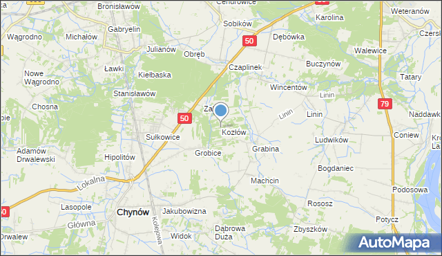 mapa Kozłów, Kozłów gmina Chynów na mapie Targeo