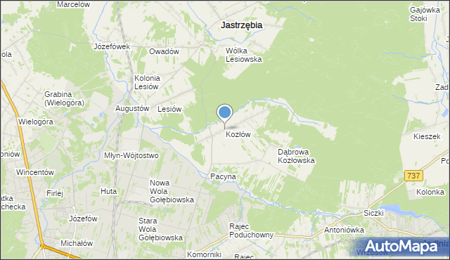mapa Kozłów, Kozłów gmina Jastrzębia na mapie Targeo