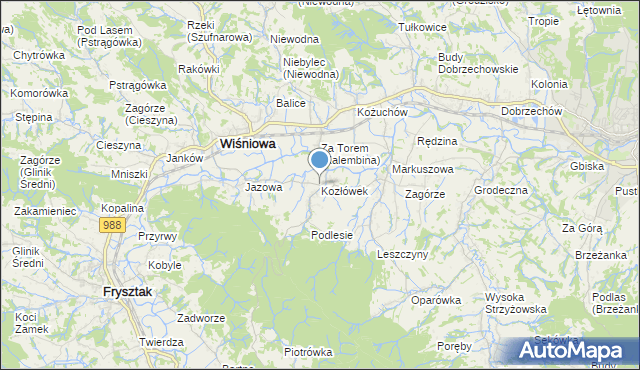 mapa Kozłówek, Kozłówek gmina Wiśniowa na mapie Targeo