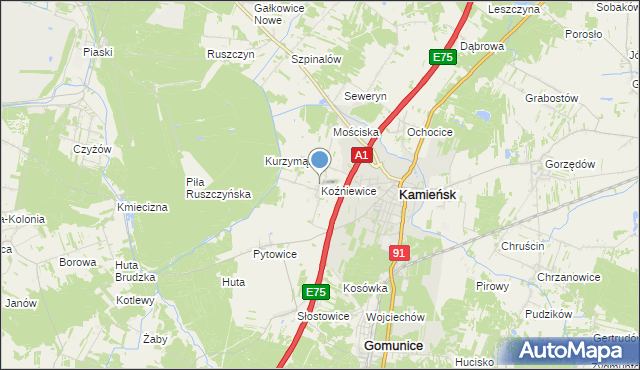 mapa Koźniewice, Koźniewice na mapie Targeo