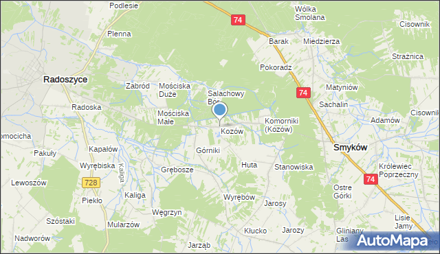 mapa Kozów, Kozów gmina Smyków na mapie Targeo