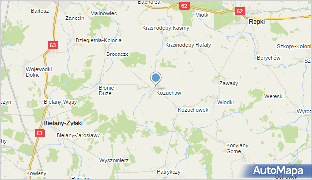 mapa Kożuchów, Kożuchów gmina Bielany na mapie Targeo