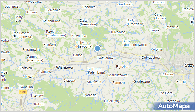 mapa Kożuchów, Kożuchów gmina Wiśniowa na mapie Targeo