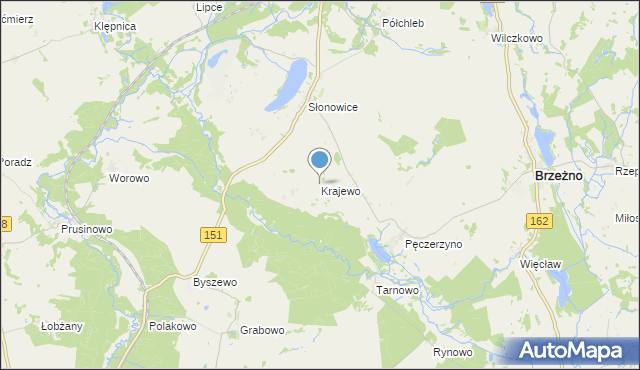 mapa Krajewo, Krajewo gmina Brzeżno na mapie Targeo