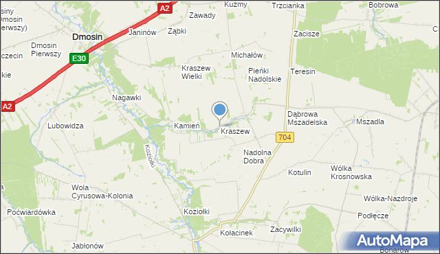 mapa Kraszew, Kraszew gmina Dmosin na mapie Targeo