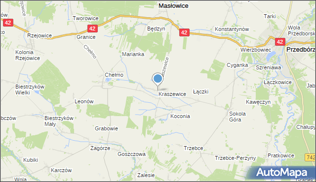 mapa Kraszewice, Kraszewice gmina Masłowice na mapie Targeo