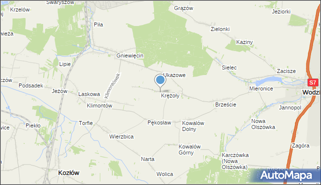 mapa Krężoły, Krężoły gmina Wodzisław na mapie Targeo