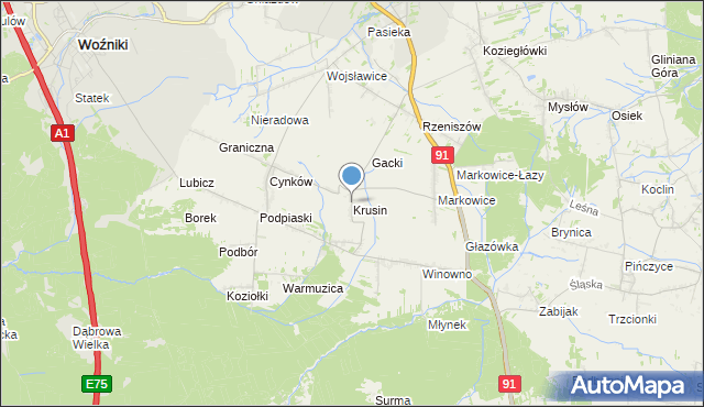 mapa Krusin, Krusin gmina Koziegłowy na mapie Targeo