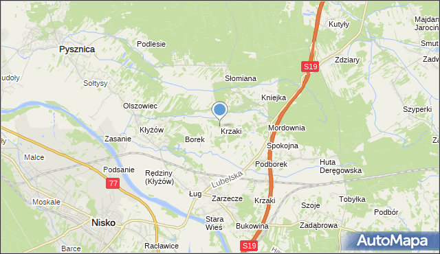 mapa Krzaki, Krzaki gmina Pysznica na mapie Targeo