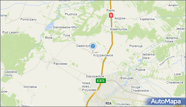 mapa Krzyżanowice, Krzyżanowice gmina Iłża na mapie Targeo