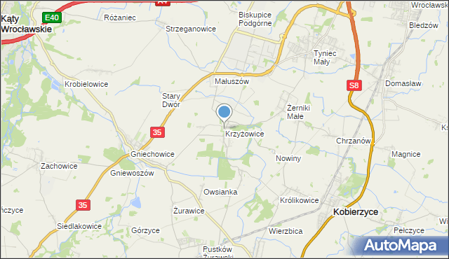 mapa Krzyżowice, Krzyżowice gmina Kobierzyce na mapie Targeo