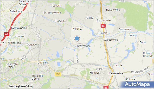 mapa Krzyżowice, Krzyżowice gmina Pawłowice na mapie Targeo