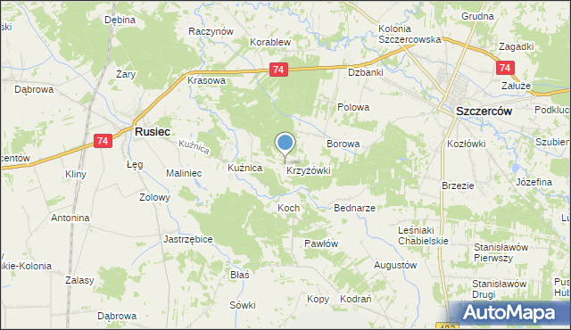 mapa Krzyżówki, Krzyżówki gmina Szczerców na mapie Targeo