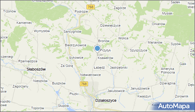 mapa Ksawerów, Ksawerów gmina Działoszyce na mapie Targeo