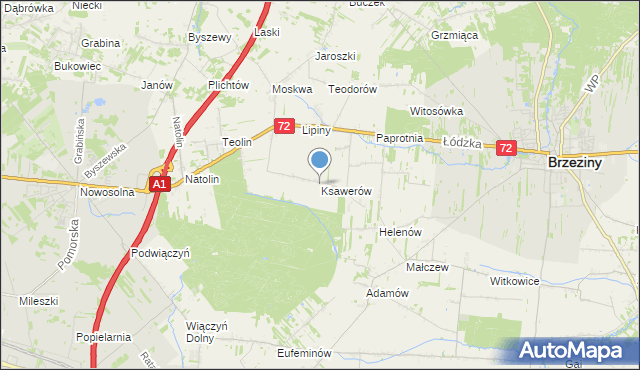 mapa Ksawerów, Ksawerów gmina Nowosolna na mapie Targeo